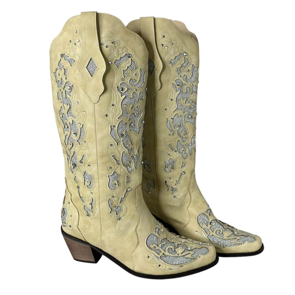 Glitter & Rhinestone Cowgirl Boots Beige and Silver Size 8.5